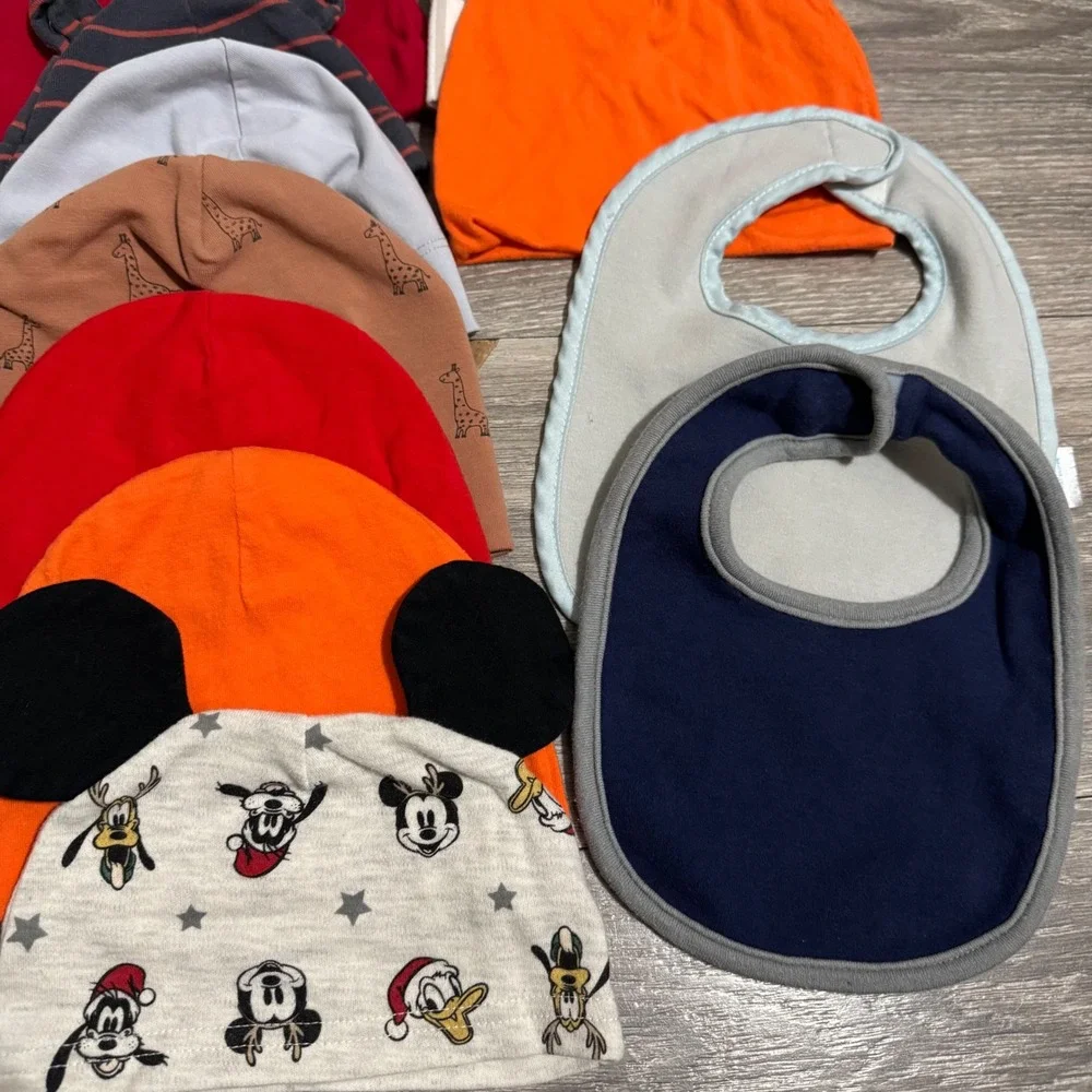 Newborn Disney Baby Beanie Hat and Bib‎ Bundle Lot Mickey Mouse Striped 17pc